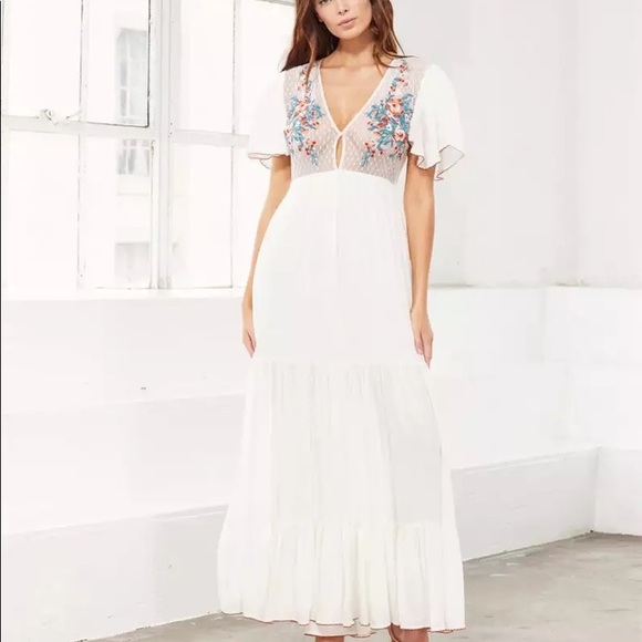 White Cleo Cotton Boho Maxi Dress W/Side Slits Hand Embroidered Stitch Detailing - Picture 14 of 16